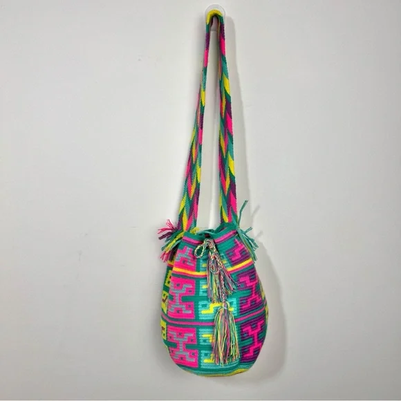 Authentic Wayuu boho bucket Crossbody bag hand woven cotton Multicolor - Picture 4 of 11